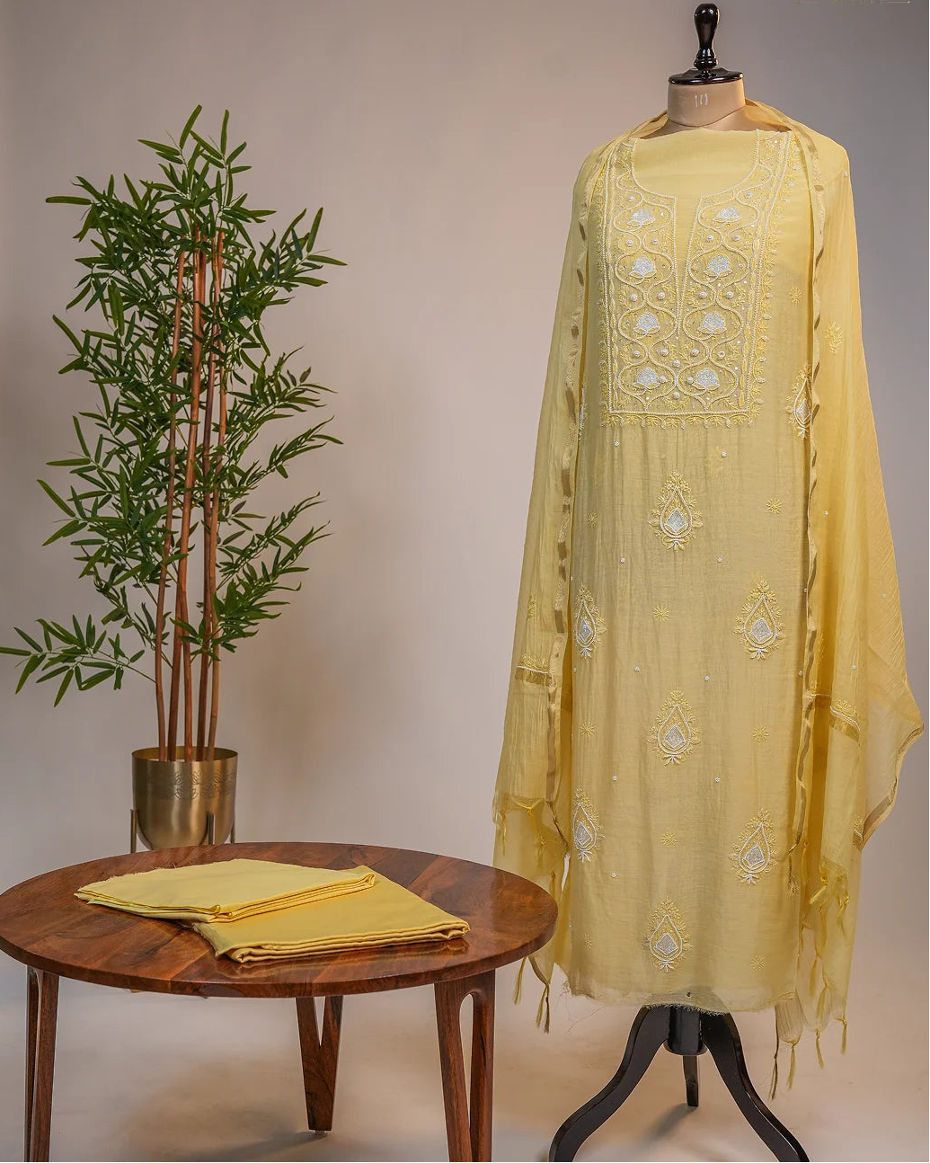 Butter Yellow Handcrafted Lucknowi Chikankari Unstitched Ensemble With Dupatta